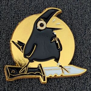 Black and Gold Noisy Raven with Dagger Enamel Pin
